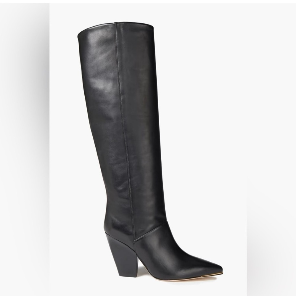 Tory Burch Black Leather Knee-High Heeled Boots with Gold Toe Trim - Picture 3 of 10